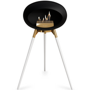 Le Feu Black Dome Bioethanol Fireplace ground high rose gold bowl, white legs and rose gold burner