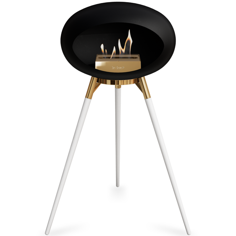Le Feu Black Dome Bioethanol Fireplace ground high rose gold bowl, white legs and rose gold burner