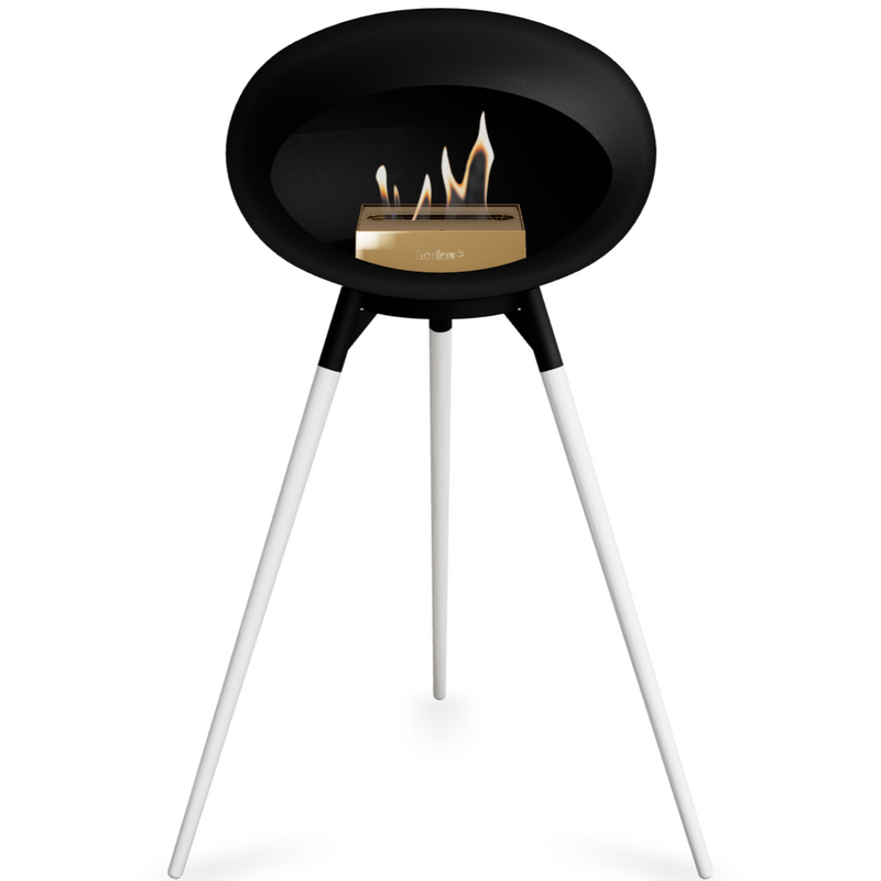 Le Feu Black Dome Bioethanol Fireplace ground high black bowl, white legs and rose gold burner