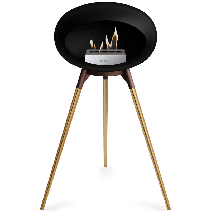 Le Feu Black Dome Bioethanol Fireplace ground high mocca bowl, rose gold legs and steel burner