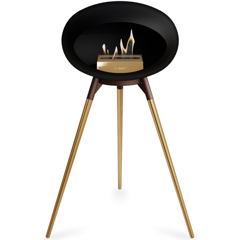 Le Feu Black Dome Bioethanol Fireplace ground high mocca bowl, rose gold legs and rose gold burner