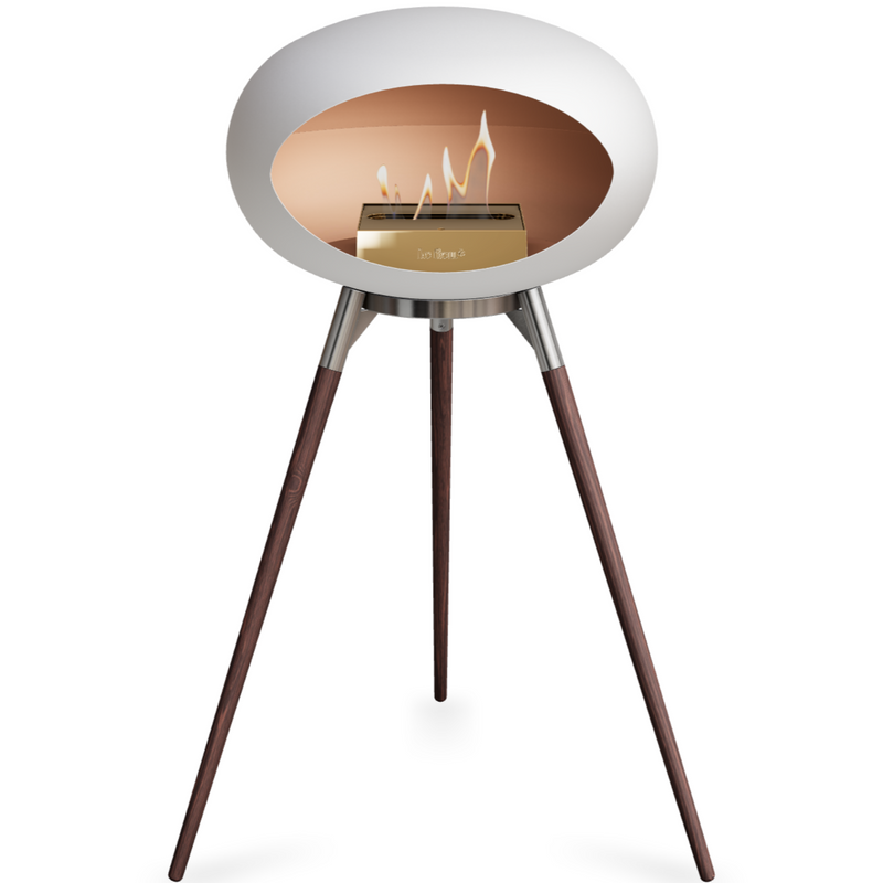 Le Feu White Dome Bioethanol Fireplace ground high polished steel bowl, smoked legs and rose gold burner