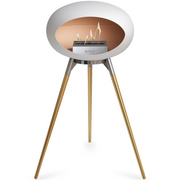 Le Feu White Dome Bioethanol Fireplace ground high polished steel bowl, rose gold legs and steel burner