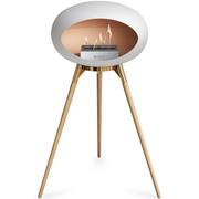 Le Feu White Dome Bioethanol Fireplace ground high rose gold bowl, soaptreated legs and steel burner