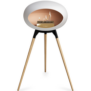 Le Feu White Dome Bioethanol Fireplace ground high black bowl, soaptreated legs and rose gold burner