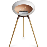 Le Feu White Dome Bioethanol Fireplace ground high mocca bowl, rose gold legs and steel burner