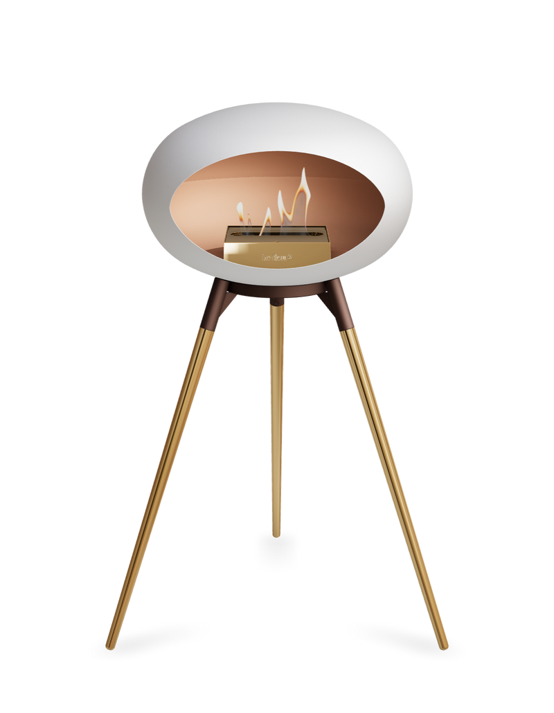 Le Feu White Dome Bioethanol Fireplace ground high mocca bowl, rose gold legs and rose gold burner