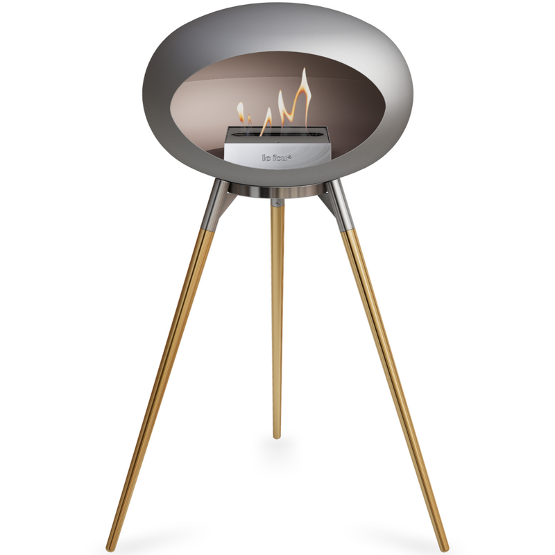 Le Feu Nickle Dome Bioethanol Fireplace ground high polished steel bowl, rose gold legs and steel burner
