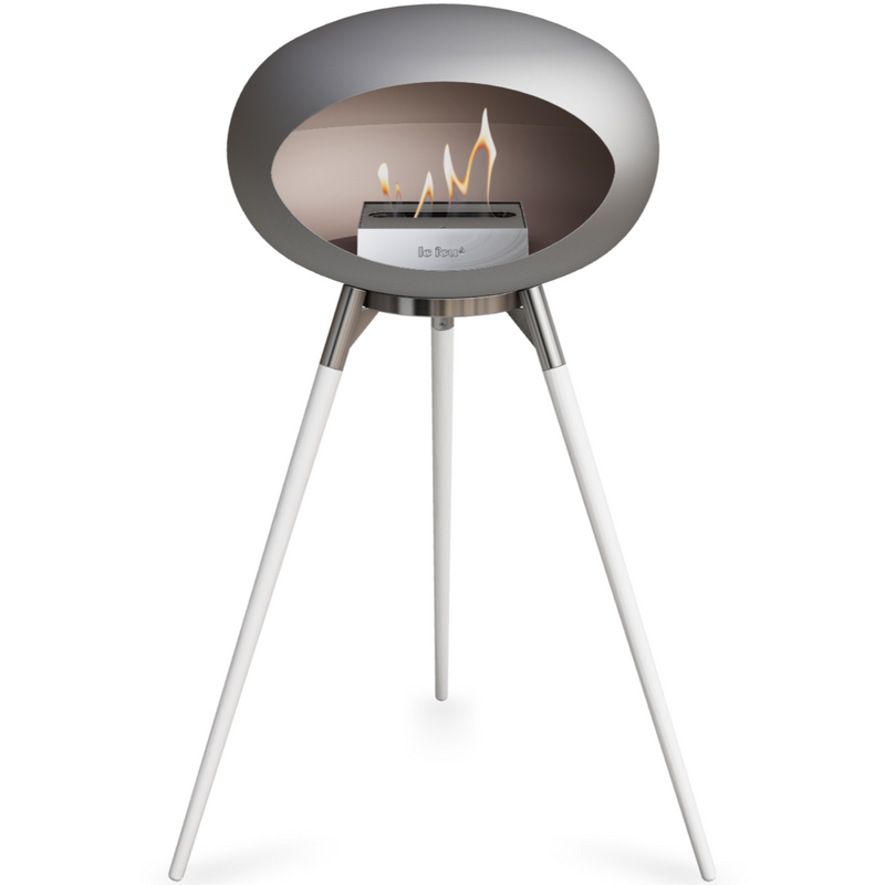 Le Feu Nickle Dome Bioethanol Fireplace ground high polished steel bowl, white legs and steel burner