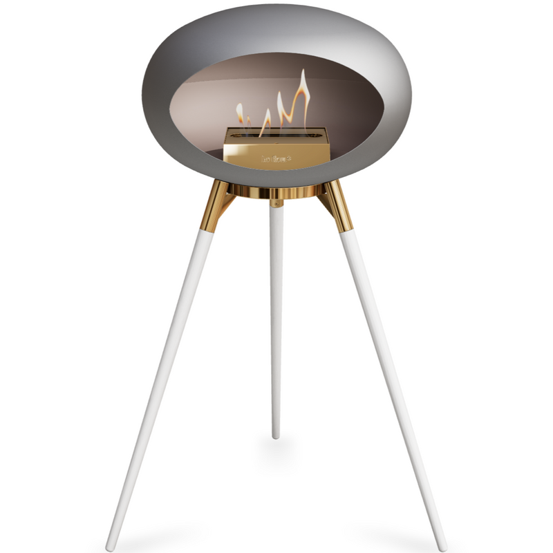 Le Feu Nickle Dome Bioethanol Fireplace ground high rose gold bowl, white legs and rose gold burner