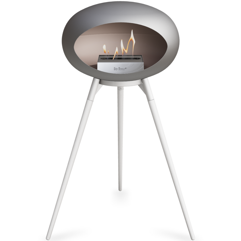 Le Feu Nickle Dome Bioethanol Fireplace ground high white bowl, white legs and steel burner
