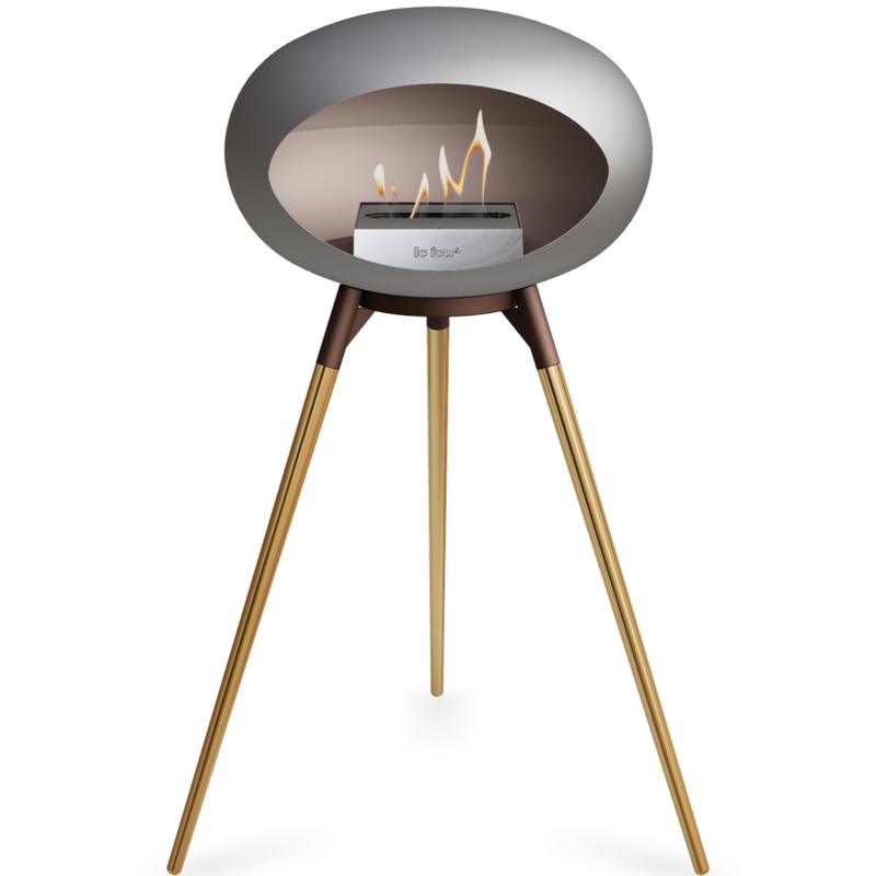 Le Feu Nickle Dome Bioethanol Fireplace ground high mocca bowl, rose gold legs and steel burner
