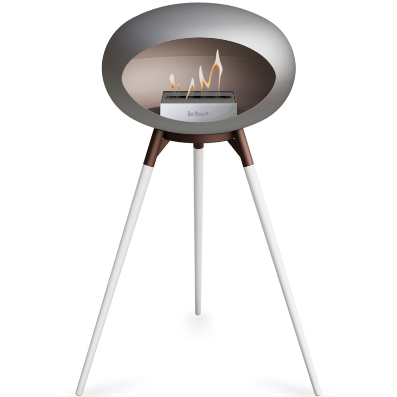 Le Feu Nickle Dome Bioethanol Fireplace ground high mocca bowl, white legs and steel burner