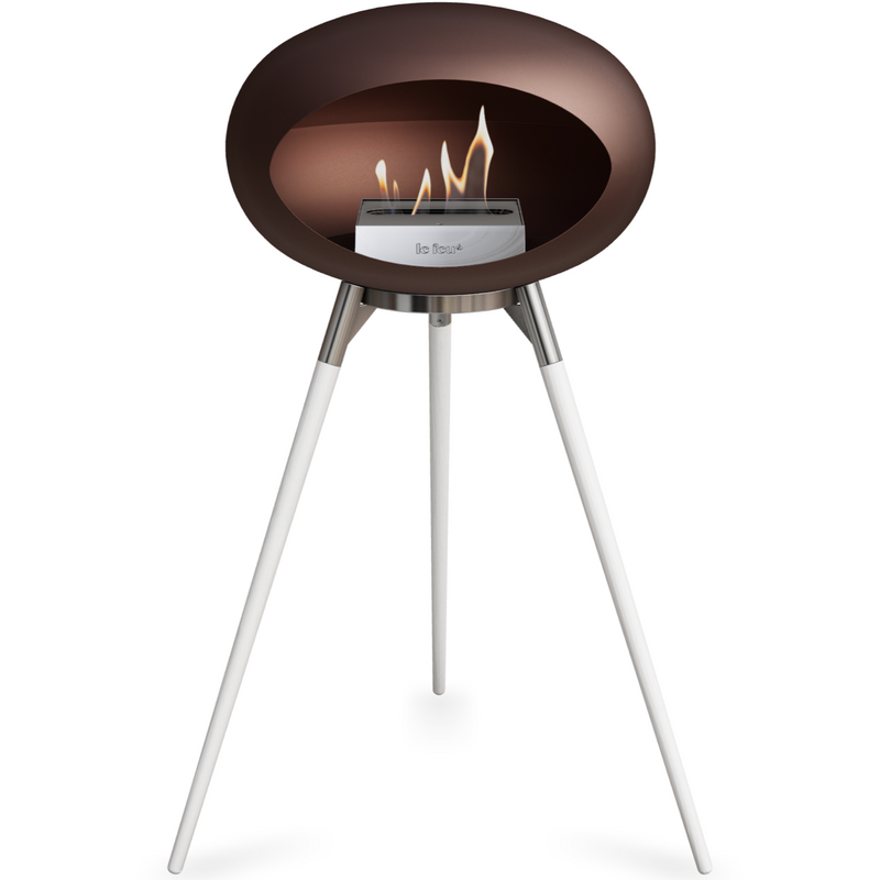 Le Feu Mocca Dome Bioethanol Fireplace ground high polished steel bowl, white legs and steel burner