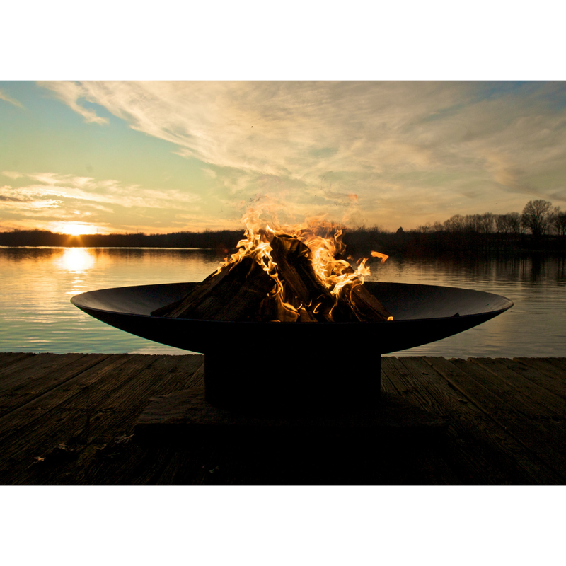 Fire pit art outdoor Asia 60" fire pit stainless steel with wood in a lake lifestyle