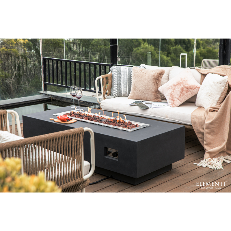 Granville Rectangular Concrete 60" Gas Fire Table in a patio with outdoor furniture lifestyle