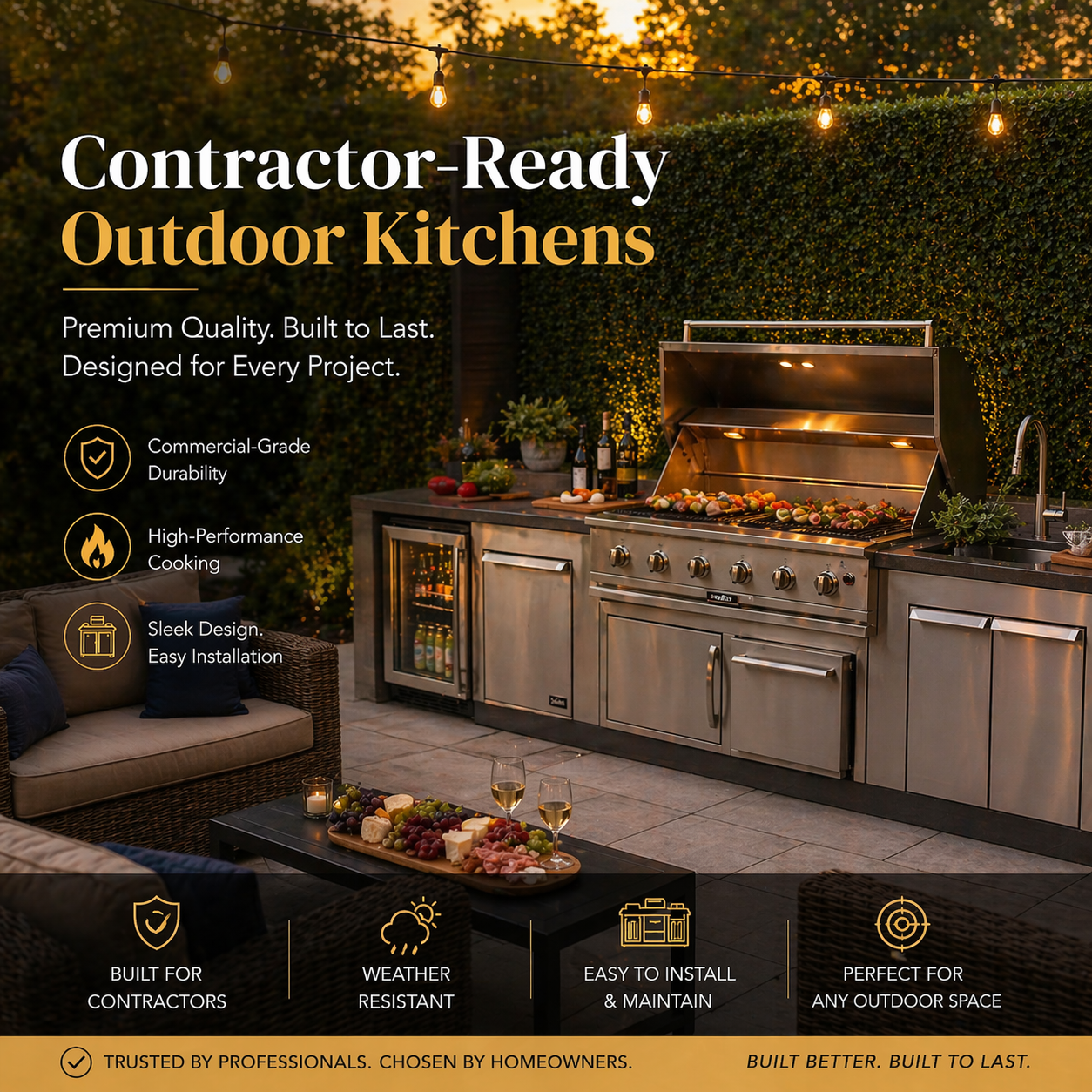 Outdoor kitchen setup with stainless steel appliances in a garden setting.