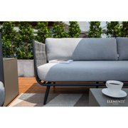 Elementi Milano Dark Grey Powder-Coated Frame w/ Granite Cushions Rope Weaving 3 seater outdoor sofa with a coffee table.