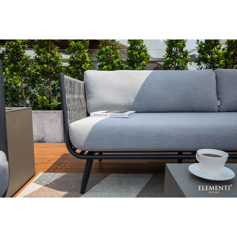 Elementi Milano Dark Grey Powder-Coated Frame w/ Granite Cushions Rope Weaving 3 seater outdoor sofa with a coffee table.