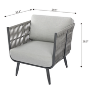 Dark Grey Powder-Coated Frame w/ Granite Cushions Rope Weaving armchair with dimensions labeled on a white background
