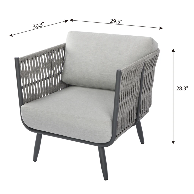 Dark Grey Powder-Coated Frame w/ Granite Cushions Rope Weaving armchair with dimensions labeled on a white background