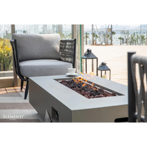Outdoor patio setting with Elementi fire pit  and Dark Grey Powder-Coated Frame w/ Granite Cushions Rope Weaving armchair