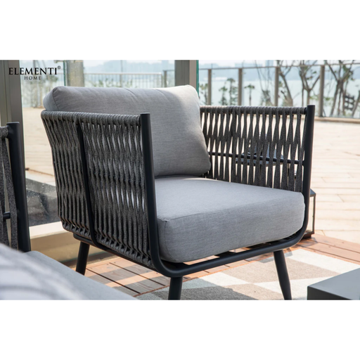Outdoor Elementi Milano Dark Grey Powder-Coated Frame w/ Granite Cushions Rope Weaving chair with gray cushions on a wooden deck.