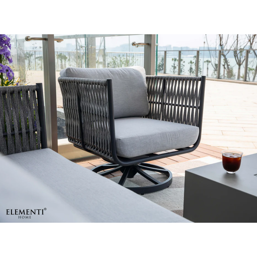 Elementi Milano Dark Grey Powder-Coated Frame w/ Granite Cushions
Rope Weaving Swivel chair and table on a deck.