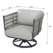 Elementi Milano Dark Grey Powder-Coated Frame w/ Granite Cushions Rope Weaving swivel chair with dimensions labeled on a white background