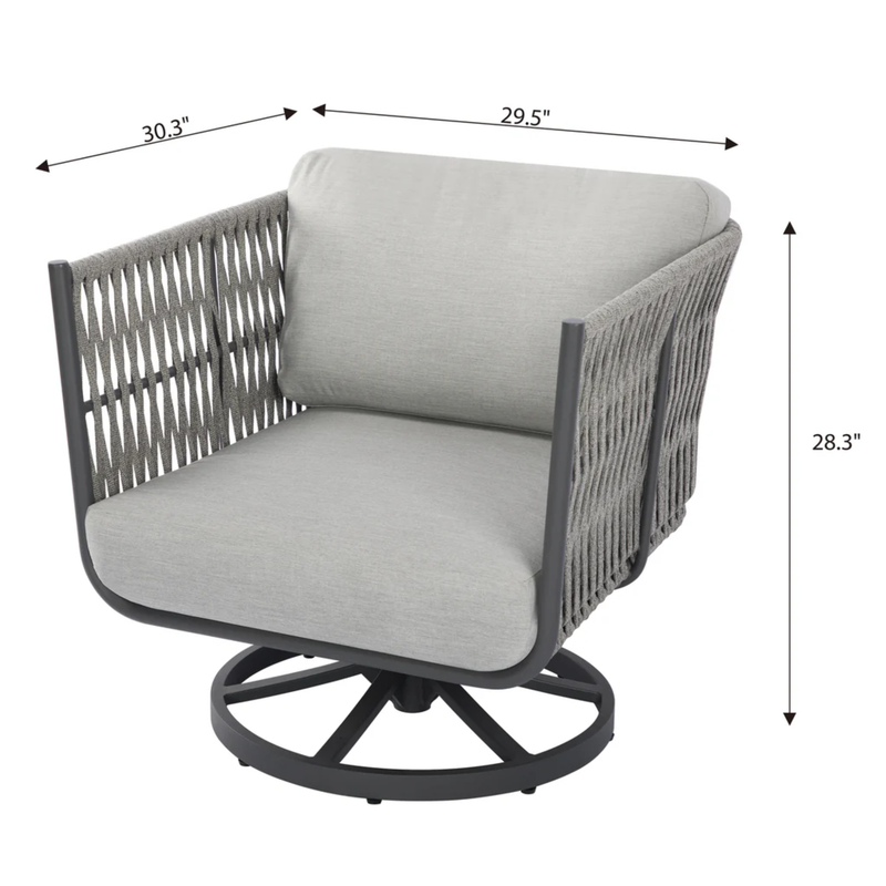 Elementi Milano Dark Grey Powder-Coated Frame w/ Granite Cushions Rope Weaving swivel chair with dimensions labeled on a white background