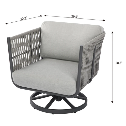 Elementi Milano Dark Grey Powder-Coated Frame w/ Granite Cushions Rope Weaving swivel chair with dimensions labeled on a white background