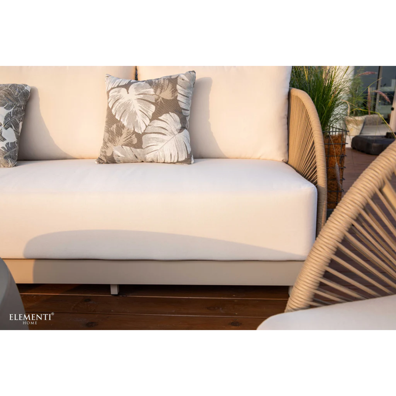 close up of the malibu 3 seater sofa with Taupe Powder-Coated Frame w/ Cream Cushions
Weaving Style Round Rope  with patterned cushions and wooden floor, featuring the Elementi Home brand.