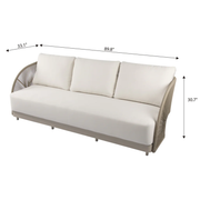 Taupe Powder-Coated Frame w/ Cream Cushions
Weaving Style Round Rope 3 Seater outdoor sofa with  Weaving in a white background with dimensions. 