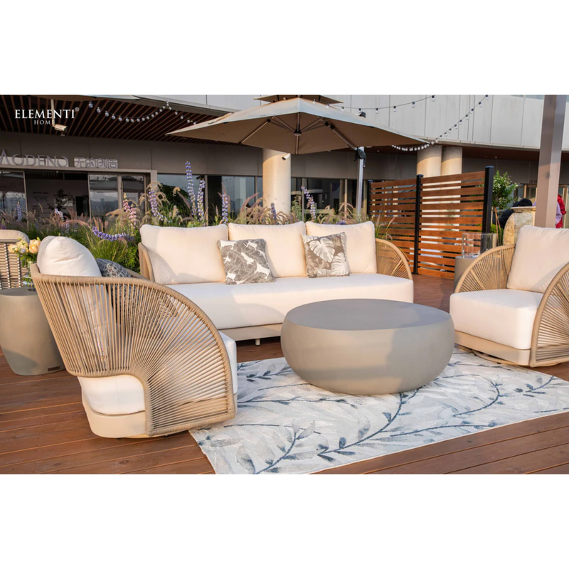 3 seater sofa and 2 swivel chairs with Taupe Powder-Coated Frame w/ Cream Cushions
Weaving Style Round Rope and coffee table on a rug with in a deck 