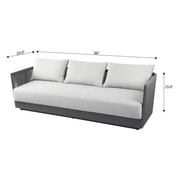 Elementi capri 3 seater sofa with Dark Grey Powder-Coated Frame w/ Granite Cushions Round Rope Weaving in a white background with dimensions. 