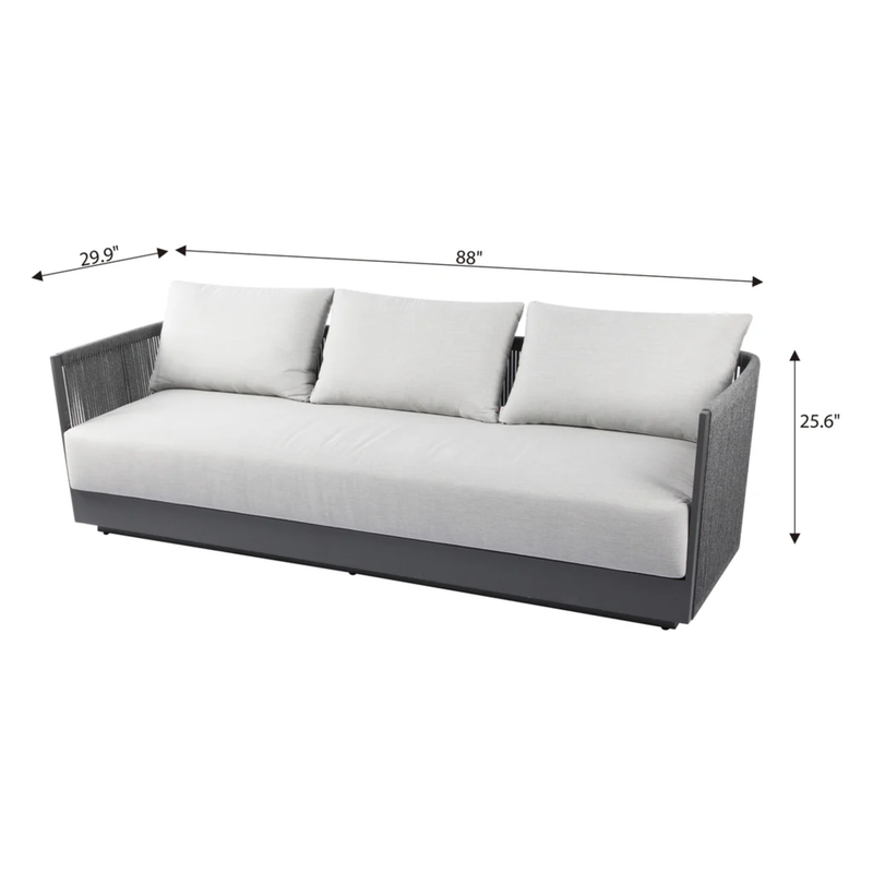 Elementi capri 3 seater sofa with Dark Grey Powder-Coated Frame w/ Granite Cushions Round Rope Weaving in a white background with dimensions. 