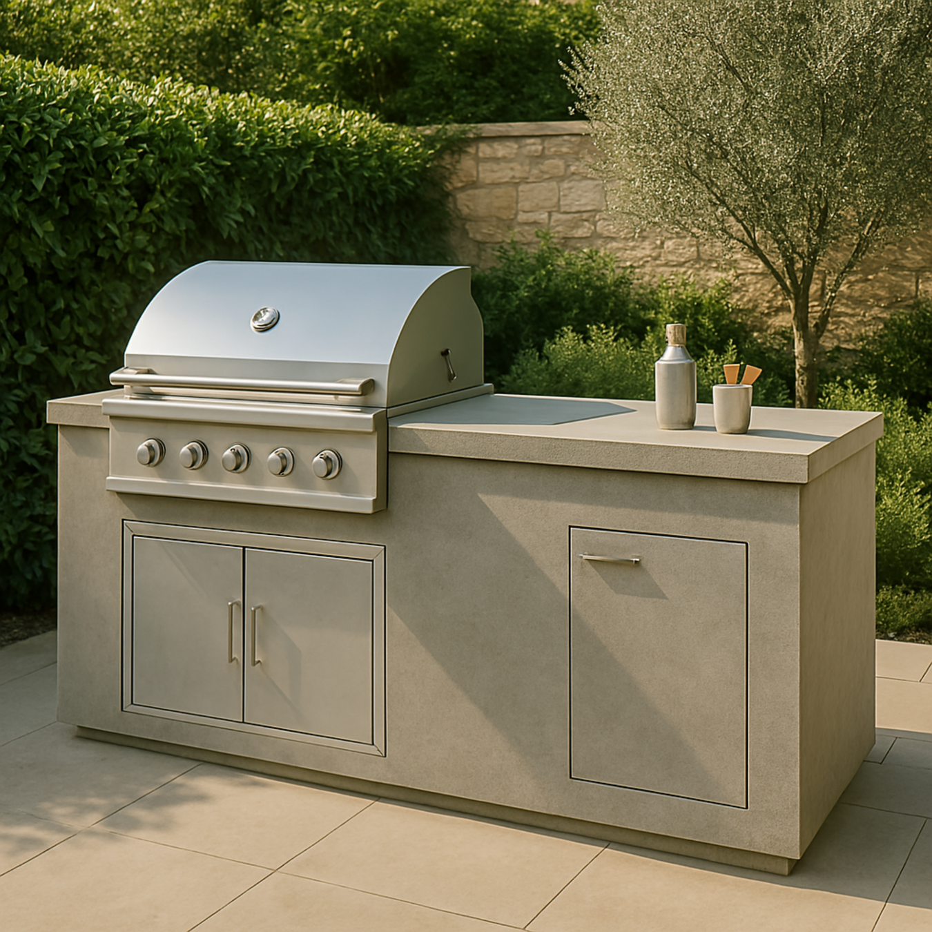 Modern outdoor kitchen with a sleek stainless steel built-in grill integrated into a concrete island and cabinetry, set on a patio with beige tiles and surrounded by lush greenery.