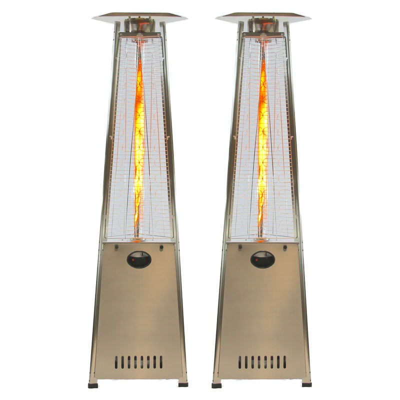 2 large tall outdoor stainless steel propane heater visible fire with 41,000 BTU 