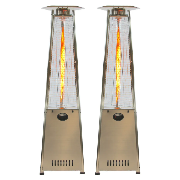 2 large tall outdoor stainless steel propane heater visible fire with 41,000 BTU 