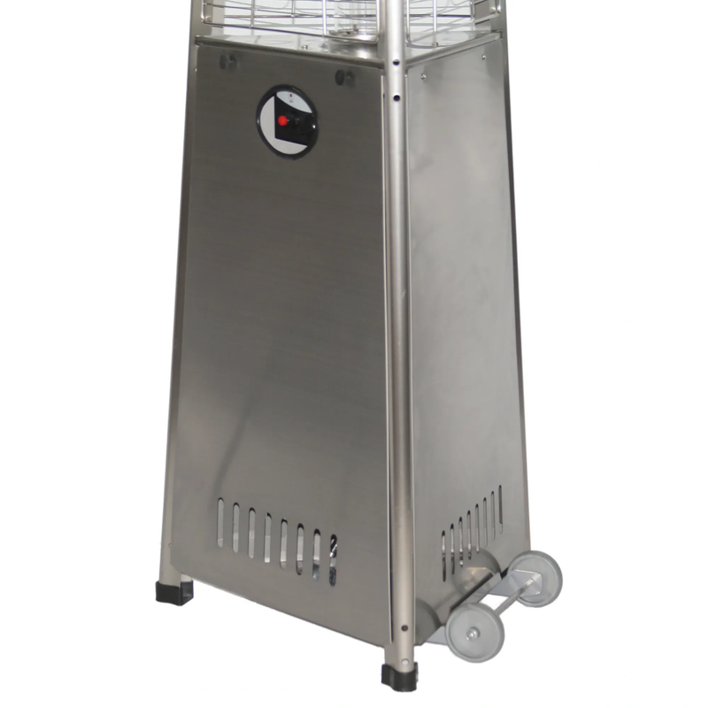 close up of the large tall outdoor stainless steel propane heater with 41,000 BTU