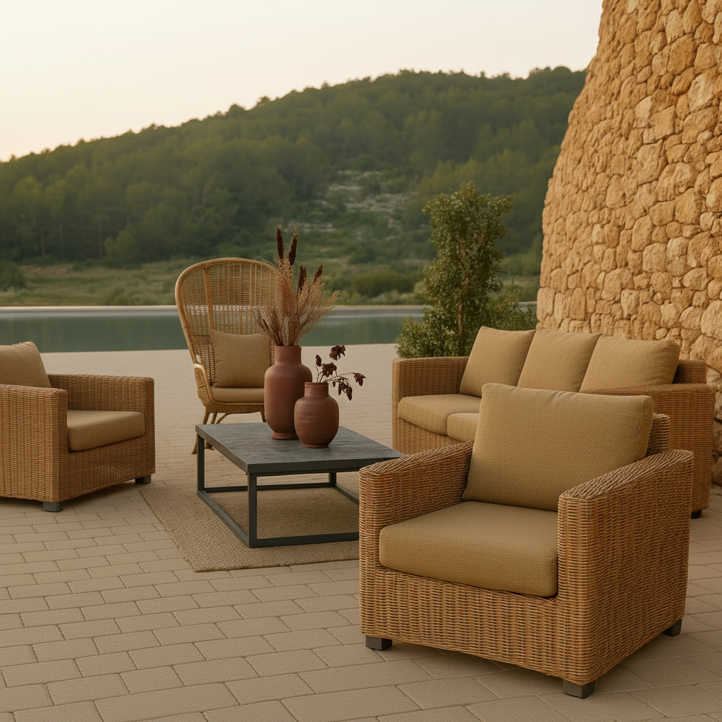 A luxury outdoor furniture woven outdoor armchair with beige cushions, surrounded by sustainable teak and rattan-style patio furniture. Set against a backdrop of nature and stone architecture evoking elegance, comfort, and eco-conscious living.
