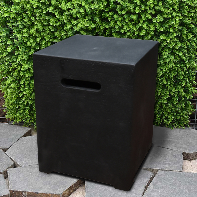 elementi square tank cover travetine texture ONB016 in a patio lifestyle