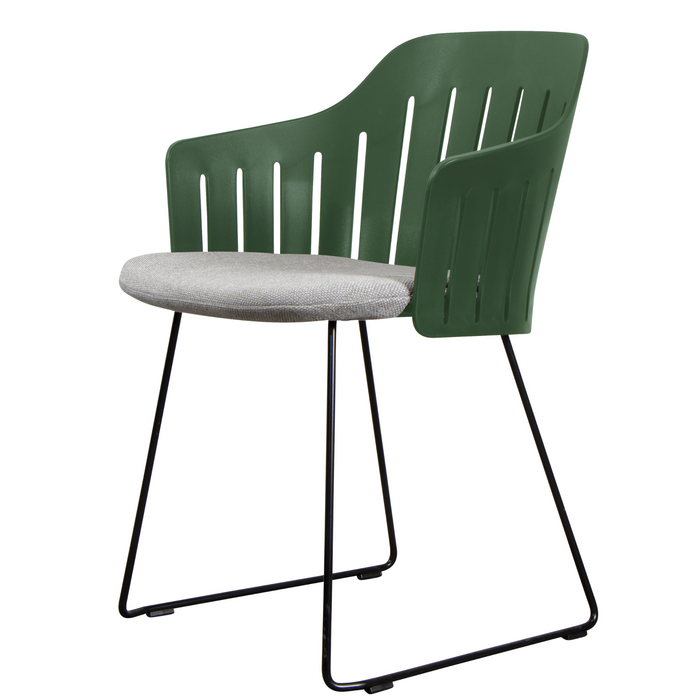 Choice Chair by Cane-line Dark green chair with Black, galvanized steel w/sled and Light grey, Cane-line Focus cushion