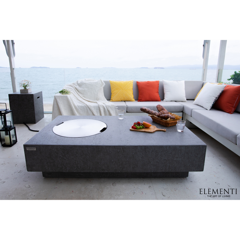56 concrete propane natural gas fire table outdoor with tank cover and outdoor furniture lifestyle
