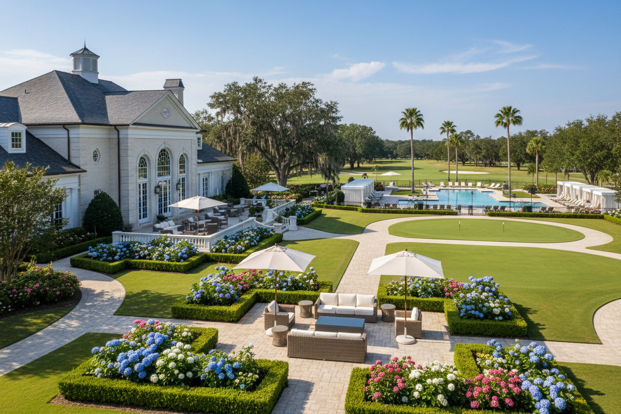 Commercial outdoor dining area featuring luxury patio furniture from Lavish Patio's trade program